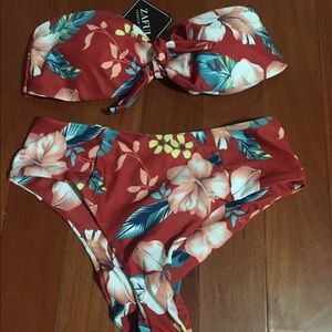 Strapless floral high rise bikini -red wine